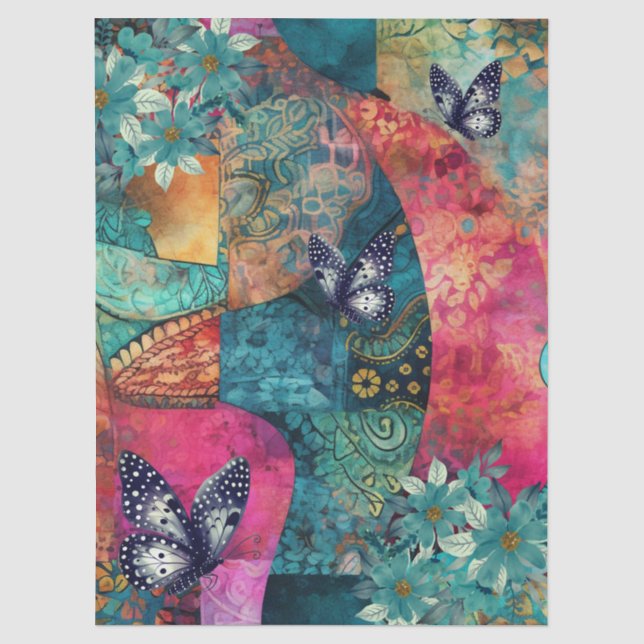 Papier Mousseline Abstrait Art College Florals & Papillons (Recto)