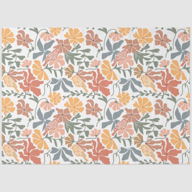 Papier Mousseline Abstrait Floral & Oiseaux Mi-siècle Motif moderne (Recto)
