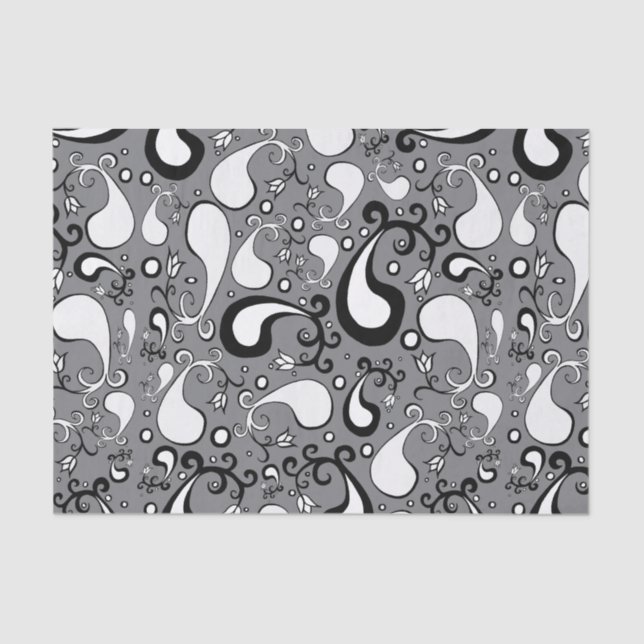 Papier Mousseline Abstrait gris et blanc Tulip Paisley motif (Recto)
