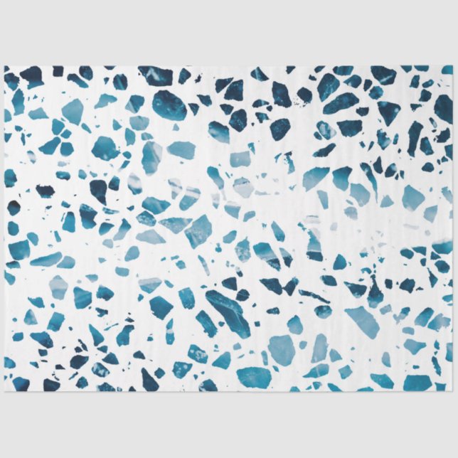 Papier Mousseline Abstrait Terrazzo Mosaic Marine et Motif bleu clai (Recto)
