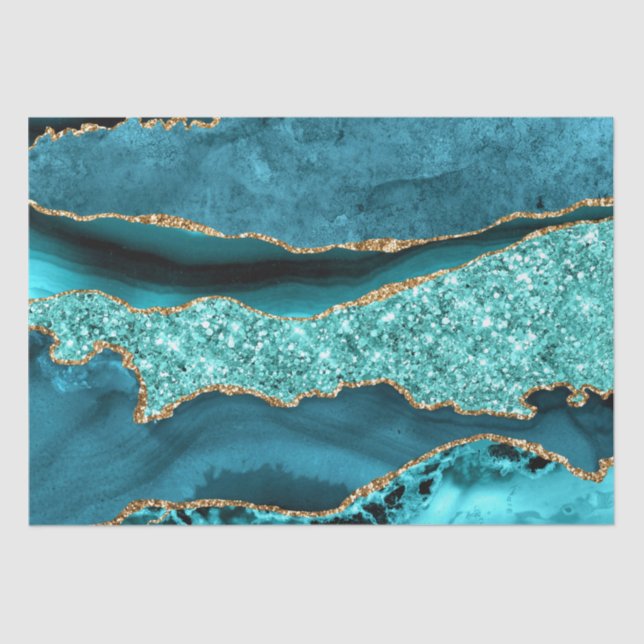 Papier Mousseline Agate Turquoise Blue Gold Parties scintillant Marb (Recto)