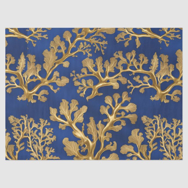 Papier Mousseline Algues d'or sur le bleu profond (Recto)