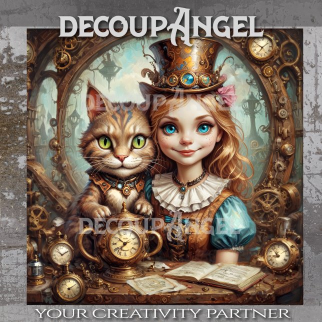 Papier Mousseline Alice et Cheshire Chat en Découpage Steampunk-Land (Créateur téléchargé)