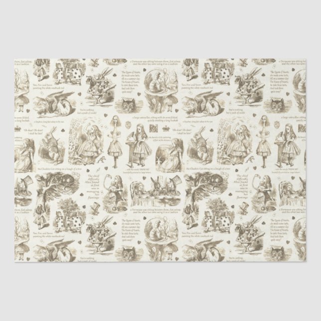 Papier Mousseline Alice in Wonderland Sepia Beige Toile Citations (Recto)