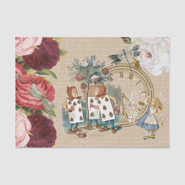 Papier Mousseline Alice Wonderland Cartes Roses Crème Tissu Papier (Recto)