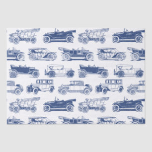 Papier Mousseline Ancien Motif de voiture Bleu Blanc Vintage