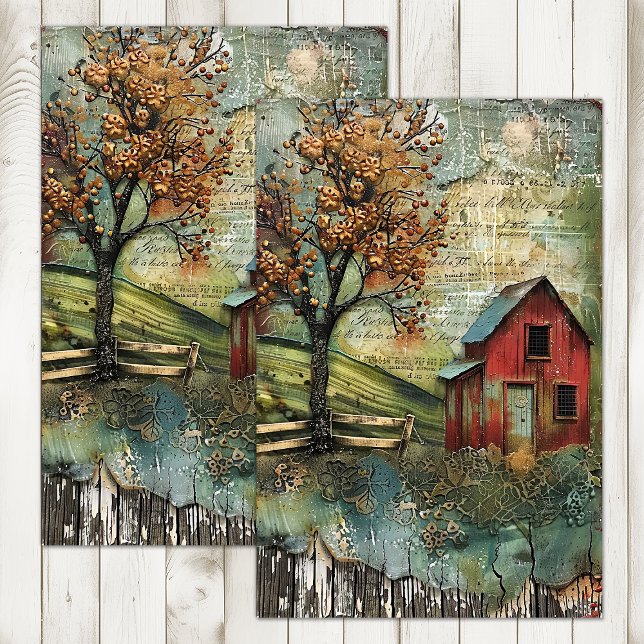 PAPIER MOUSSELINE ANCIENNE BARRE ROUGE DANS LA DÉCOUPAGE D'AUTOMNE (OLD RED BARN IN AUTUMN DECOUPAGE TISSUE PAPER)