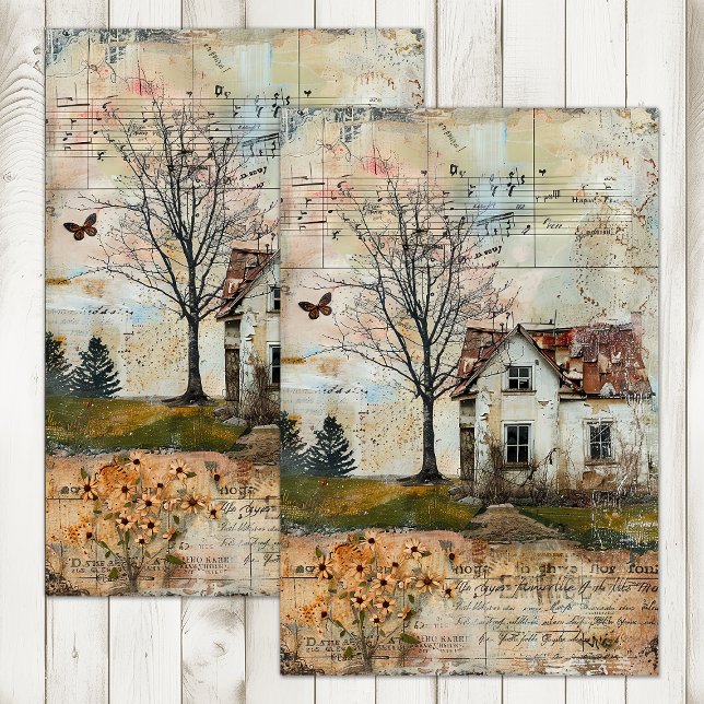 PAPIER MOUSSELINE ANCIENNE FERME EN DÉCOUPAGE D'AUTOMNE (OLD FARMHOUSE IN AUTUMN DECOUPAGE TISSUE PAPER)