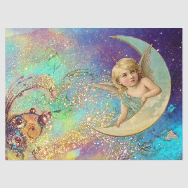 PAPIER MOUSSELINE ANGE LUNE EN OR BLEU JAUNE FLORALE PARKLES (Recto)