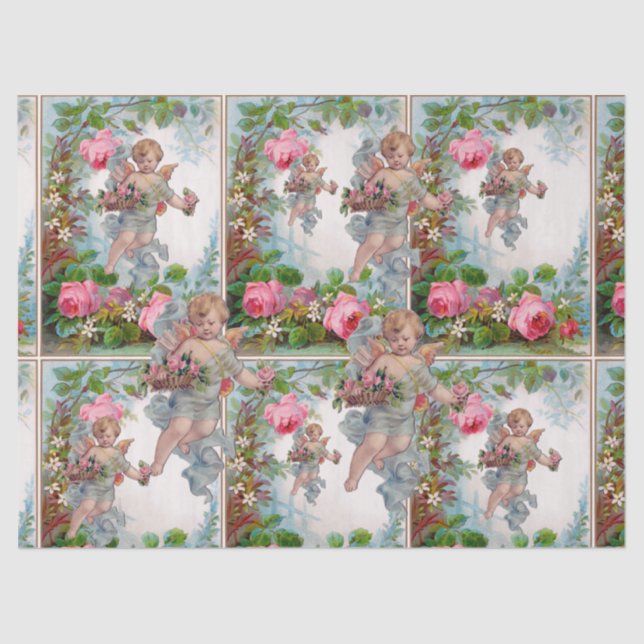 PAPIER MOUSSELINE ANGE ROMANTIQUE RASSEMBLANT ROSES ET FLEURS ROSES  (Recto)