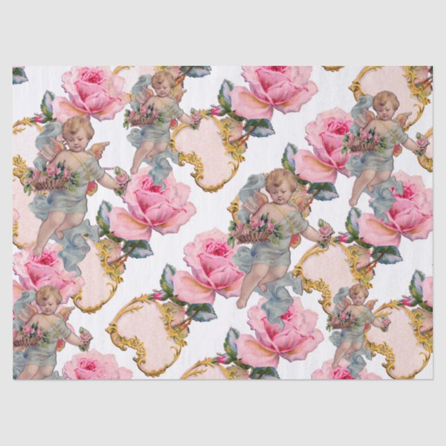 PAPIER MOUSSELINE ANGE SÉDUCTEUR CUEILLANT DES ROSES ROSES (Recto)