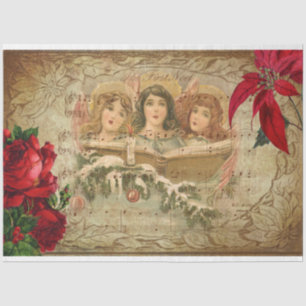 Papier Mousseline Anges de Noël Vintage avec Roses et Poinsettias