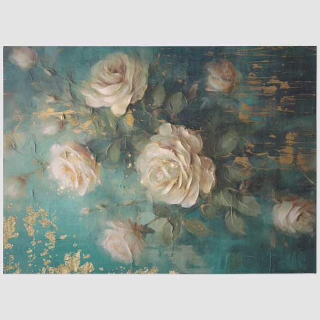 Papier Mousseline Anglais blanc roses feuille d'or sauge vert mélang (Recto)