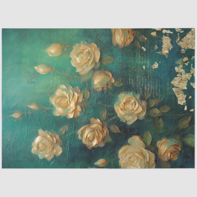Papier Mousseline Anglais jaune roses feuille d'or émeraude vert pro (Recto)