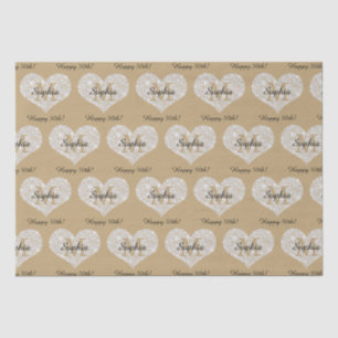 Papier Mousseline Anniversaire, Coeur Diamant, Monogramme Or, Nom