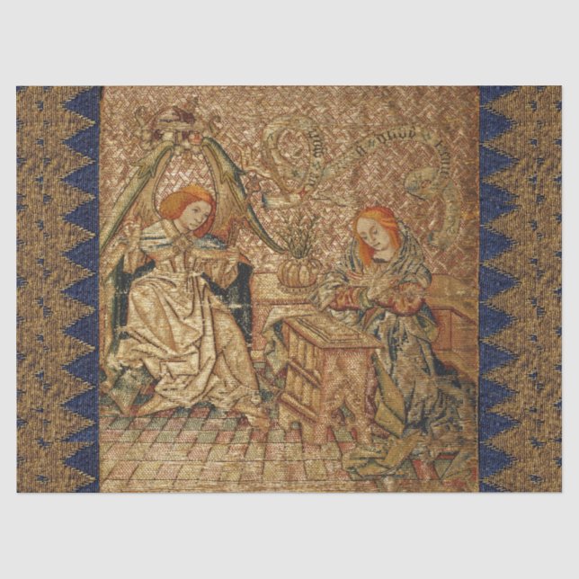 PAPIER MOUSSELINE ANNONCIATION BRODÉRIE D'OR BLEU ANTIQUE (Recto)