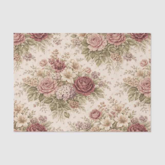 Papier Mousseline Antique Blush Rose Garden Pattern (Recto)