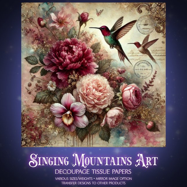 Papier Mousseline Antique Charm Hummingbirds and Flowers Decoupage  (Créateur téléchargé)