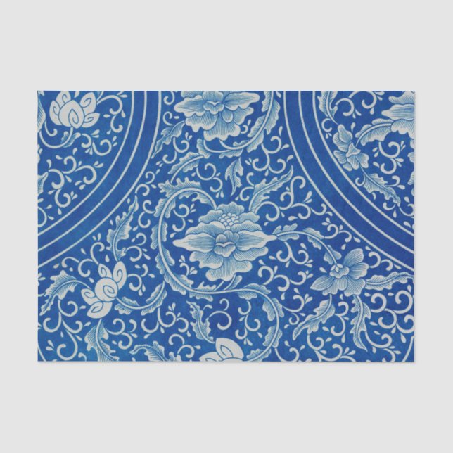 Papier Mousseline Antique classique chinois Floral Cobalt Blue Motif (Recto)