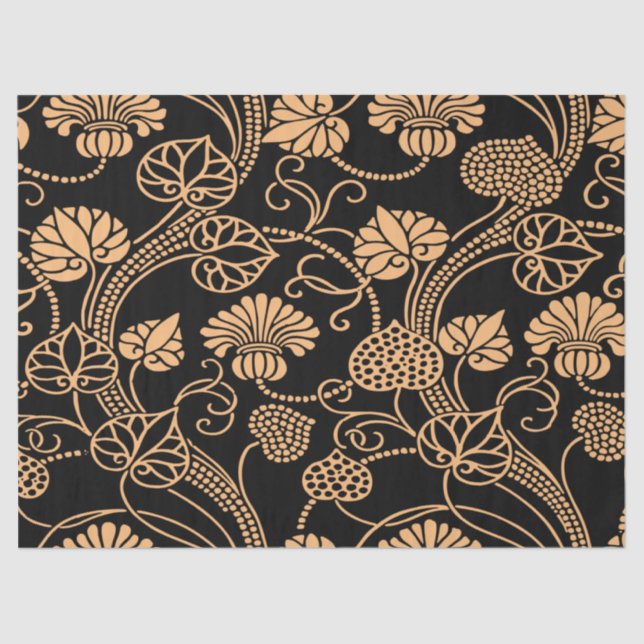 Papier Mousseline Antique motif floral orange sur noir (Recto)
