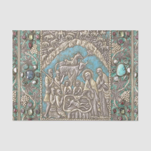 Papier Mousseline Antique Silver Turquoise Gems Nativité Scène Tiss (Recto)