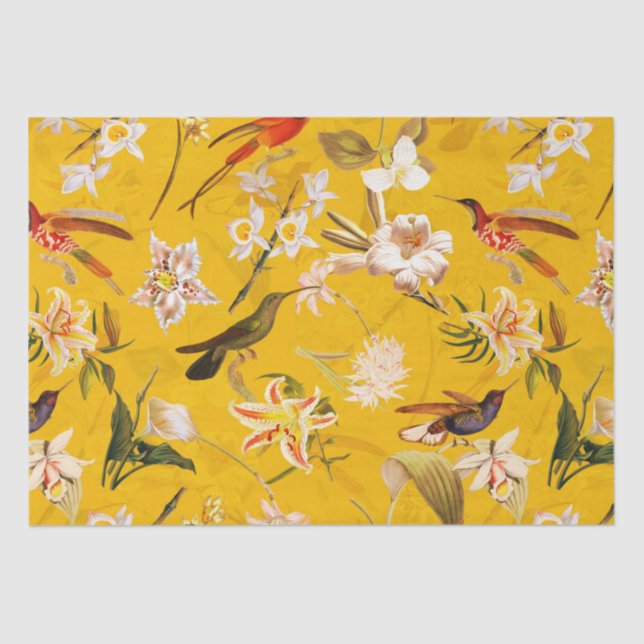 Papier Mousseline Antique Tropical Hummingbird Jungle Motif Jaune (Recto)