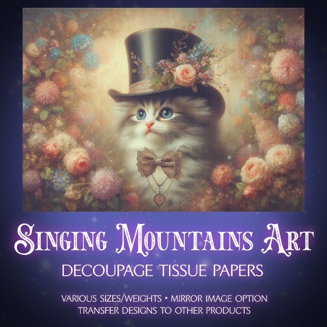 Papier Mousseline Antique Victorian Floral Cat Decoupage  (Créateur téléchargé)