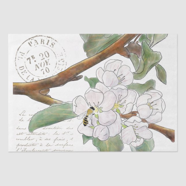 Papier Mousseline Apple Blossom Branch Bee French Script Decoupage (Recto)