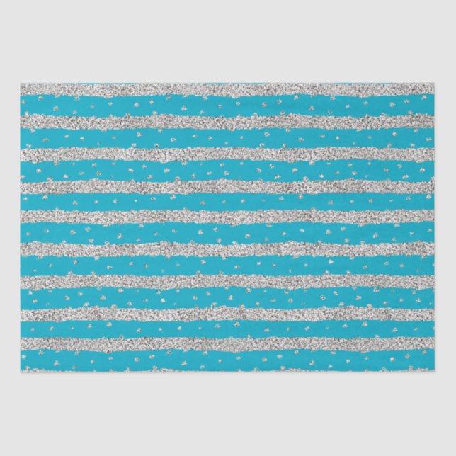 Papier Mousseline Aqua Blue Silver Sparkly Confetti Stripes (Recto)
