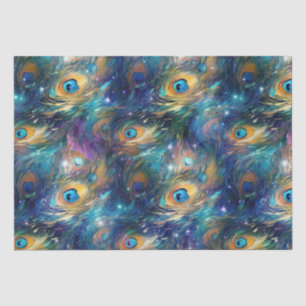 Papier Mousseline Aqua Plumes Peacock Peint Bleu