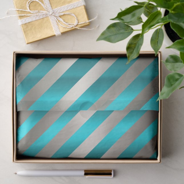 Papier Mousseline Aqua & Silver Diagonal Stripe Christmas  (Cadeau)