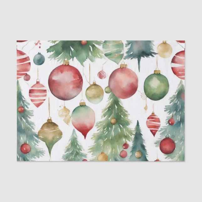 Papier Mousseline Aquarelle Arbres de Noël et Ornements Abstraits (Recto)