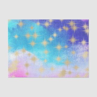 Papier Mousseline Aquarelle bleu clair, rose, violet et étoiles or