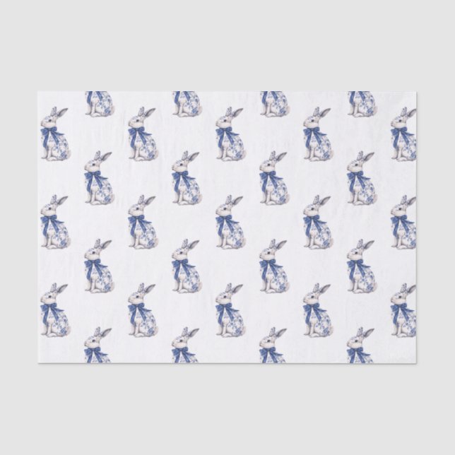 Papier Mousseline Aquarelle Bleu et blanc Chinoiserie Lapin Rabbit (Recto)