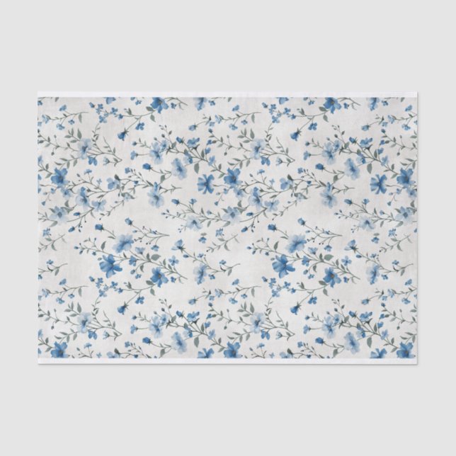 Papier Mousseline Aquarelle Bleu Fleurs botaniques Motif No 1 (Recto)