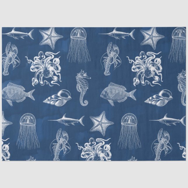Papier Mousseline Aquarelle bleu marine Océan Animaux marins (Recto)