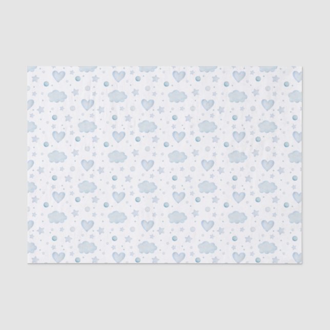 Papier Mousseline Aquarelle Bleu Nuages et Coeurs (Recto)