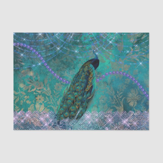 Papier Mousseline Aquarelle Boho Green Purple Peacock (Recto)