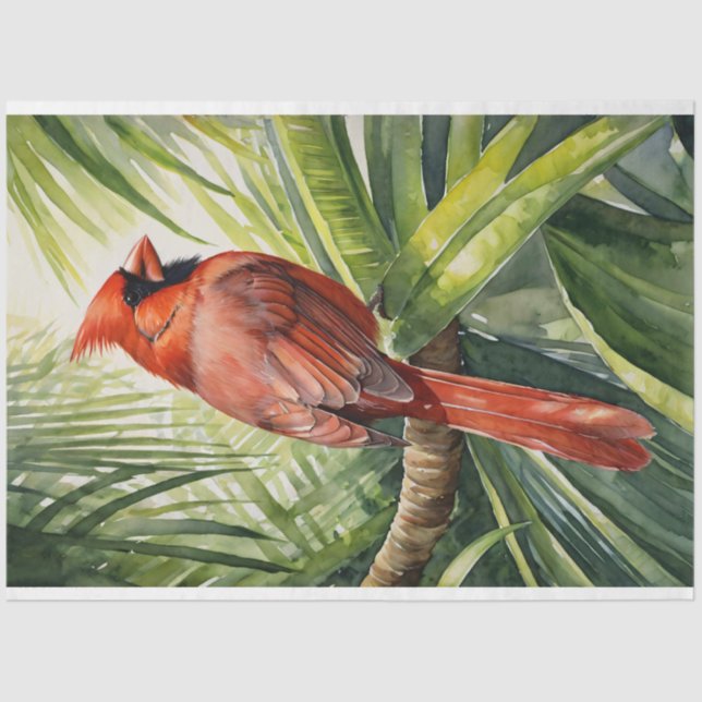 Papier Mousseline Aquarelle Cardinal Tropical Tree Decoupage (Recto)