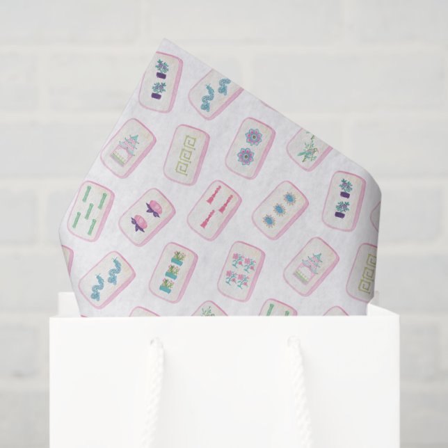 Papier Mousseline Aquarelle Carreaux de Mahjong rose et vert (Sac cadeau)