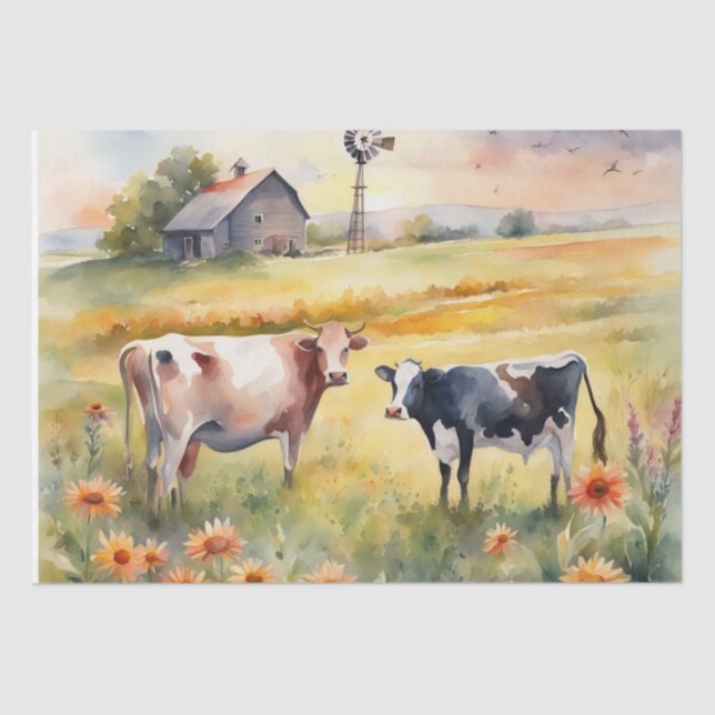 Papier Mousseline Aquarelle Champ de vaches et lever du soleil (Recto)