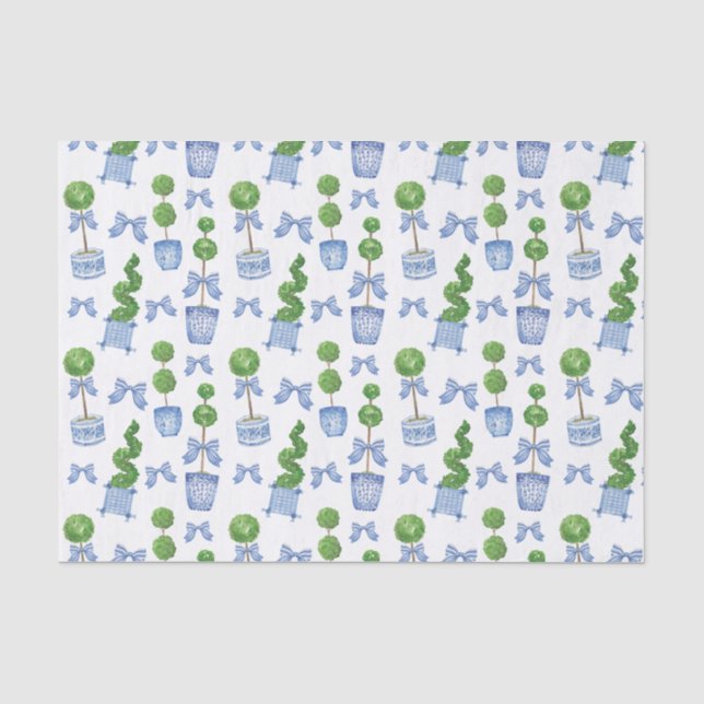 Papier Mousseline Aquarelle Chinoiserie Blue Bow Topiary (Recto)