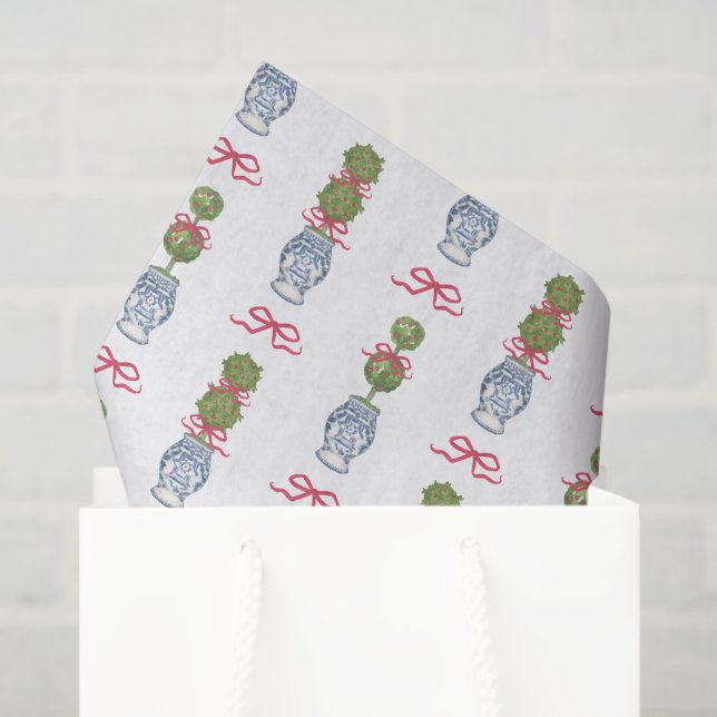 Papier Mousseline Aquarelle Chinoiserie Noël Bow rouge Topio (Sac cadeau)