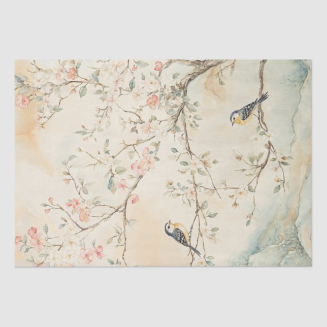 Papier Mousseline Aquarelle Chinoiserie Oiseaux et fleurs (Recto)