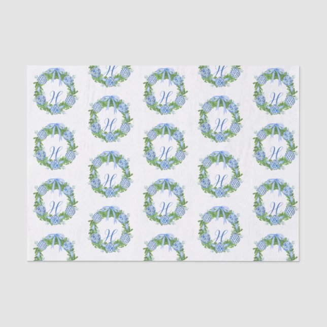Papier Mousseline Aquarelle Chinoiserie Wreath Noël Monogramme (Recto)