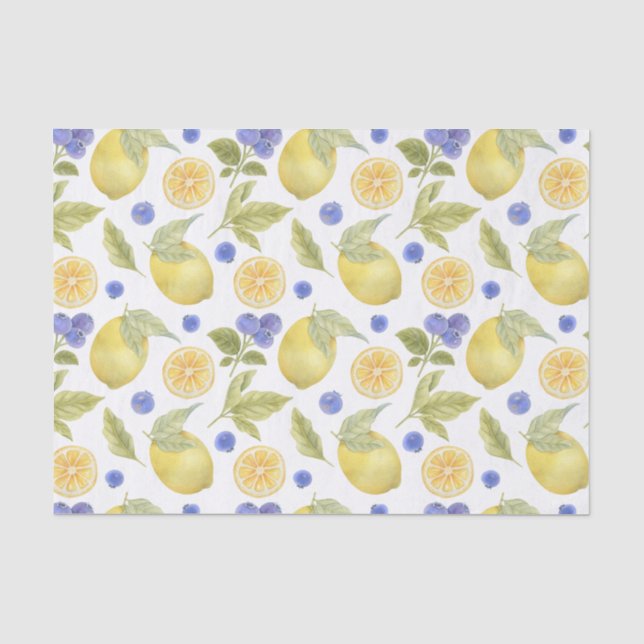 Papier Mousseline Aquarelle Citron et Fruit aux bleuets avec Feuille (Recto)