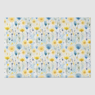 Papier Mousseline Aquarelle claire Floral Jaune et Bleu Botanique