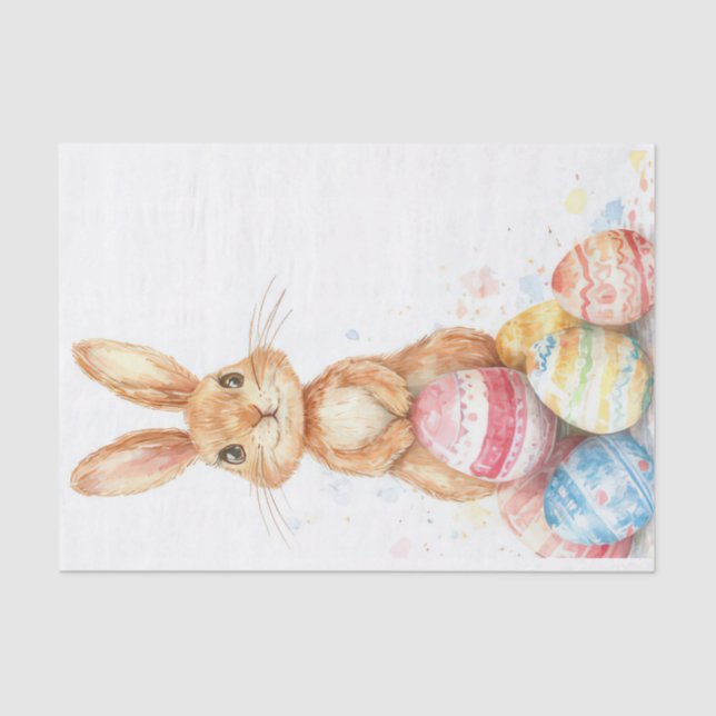 Papier Mousseline Aquarelle colorée Lapin de Pâques et oeufs (Recto)
