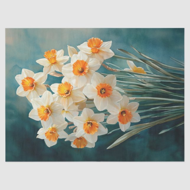 Papier Mousseline Aquarelle Daffodiles Arrière - plan Turquoise (Recto)