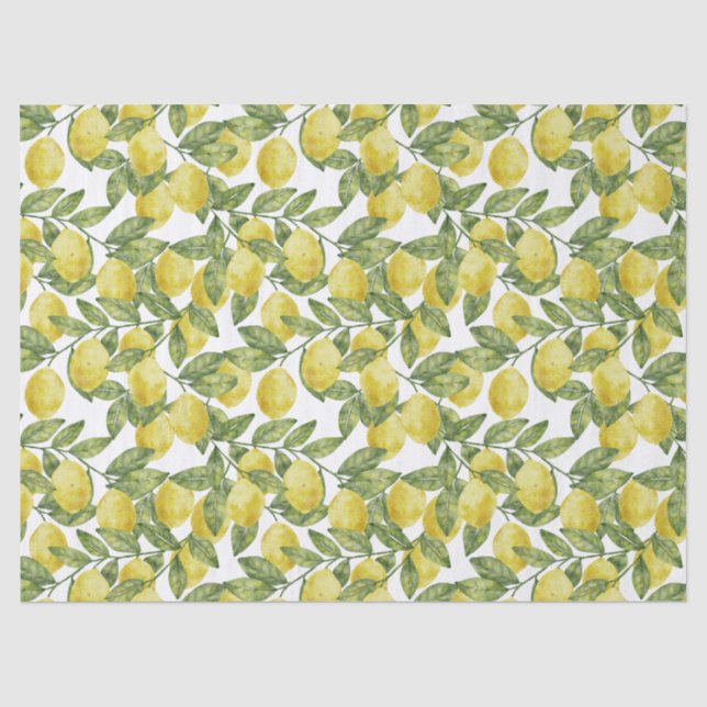 Papier Mousseline Aquarelle d'agrumes jaune citrons aux feuilles ver (Recto)